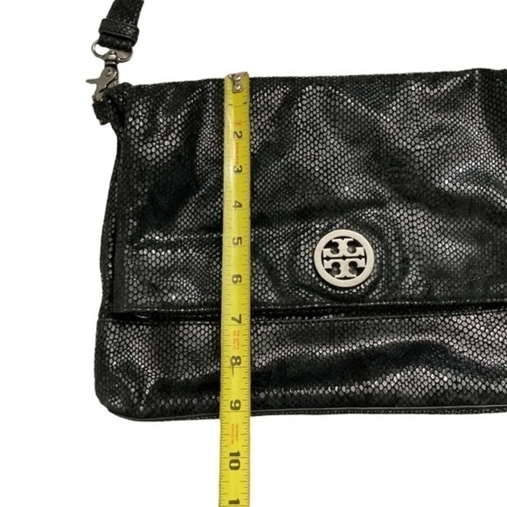 Tory Burch black embossed leather fold over crossbody bag